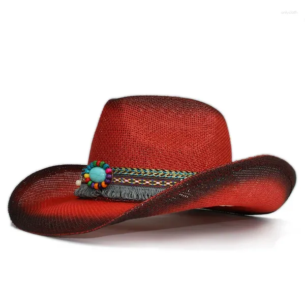 Bérets Rétro Turquoise Perles Glands Bande De Cuir Ceinture Évidée Femmes Hommes Paille Large Bord Plage Cowboy Cowgirl Western Chapeau De Soleil