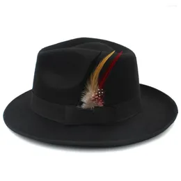 Bérets Rétro Unisexe Laine Fedora Trilby Chapeau Bowknot Ruban Faisan Plumes Bande Bowler C Couronne Larme Forme Casquette (Taille Unique 58 cm