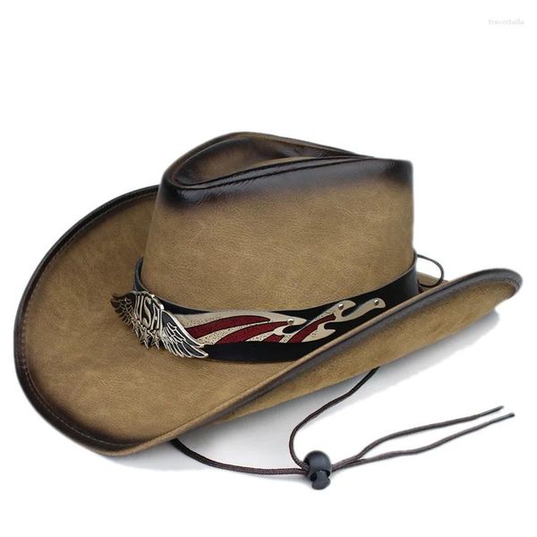 Bérets Rétro USA Lettre Wing Cuir Ceinture Femmes Hommes PU Roll Up Large Brim Sombrero Sun Cap Beach Cowboy Cowgirl Western Hat Ajuster