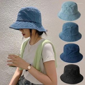 Beretten retro gewassen cowboy emmer hoed vrouwen mannen brede rand sunhat lente zomers vaste kleur denim Panama visser cap gorras para mujer