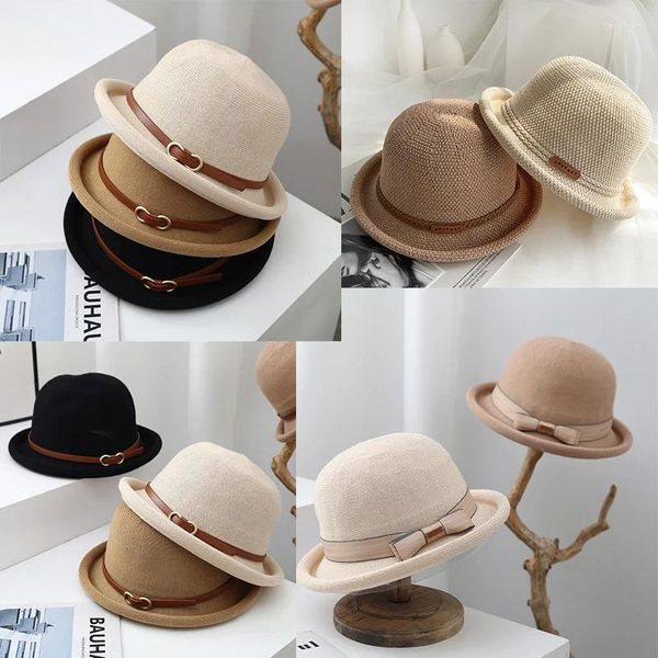 Bérets rétro femmes chapeau haut de forme crème solaire Jazz ceinture boucle décorée dame réglable respirant bord roulé seau casquette