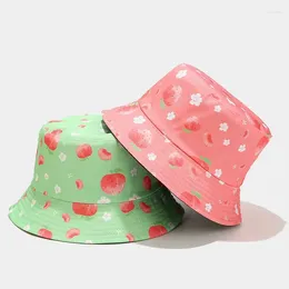 Berets Reversible Bucket-Hat For Women Cotton Lovely Fruit Print Female Fisherman Hats Sunshine Beach Travel Lady Panama Hat