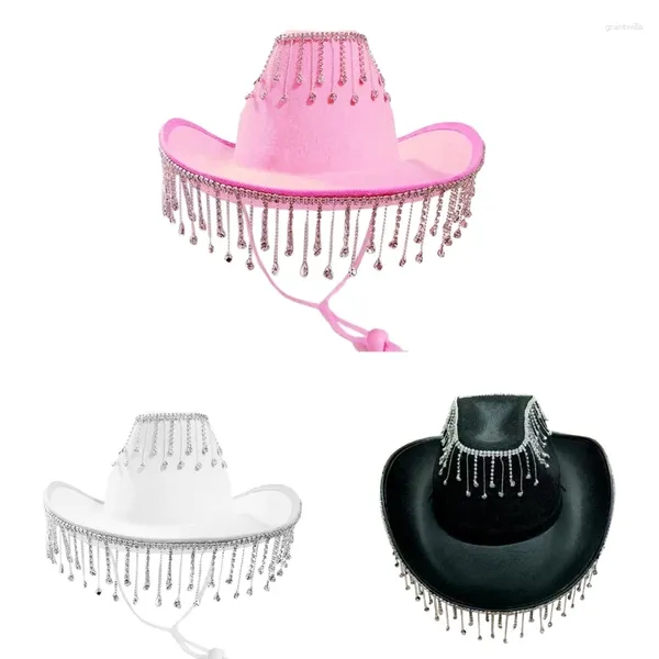 Boinas Rhinestones Sombrero de vaquero para niñas Fringe Shiny Rave Cowgirl Fiesta de cumpleaños Accesorio de disfraz