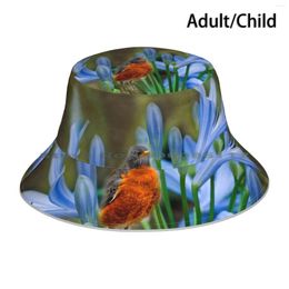 Barets Robin In Flowers Bucket Hat Zonnehoed Bloem Lelie Blauw Natuur Textuur Hdr Lente American Animal Birding Birdwatching
