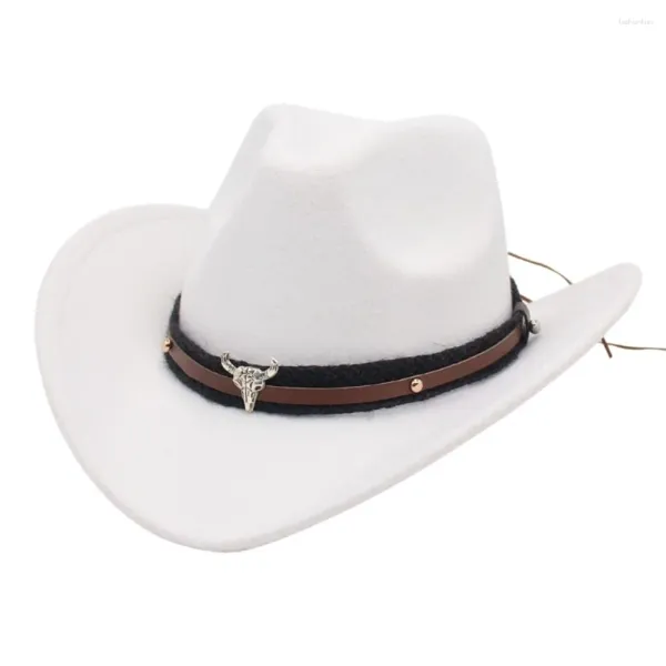 Bérets Roll Brim Western Cowboy Chapeau de soleil Cap de soleil Style de la tête et de la tête de tête Tibétain Top tibétain avec un groupe de vache Felt Cowgirl Women