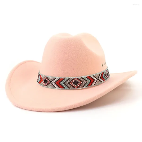 Boinas Roll Brim Western Cowboy Hat Mujeres Hombres Étnico Minoría Estilo Fedora Fascinator Fiesta Fieltro Cap Panamá Fedoras Sol