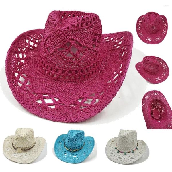 Boinas Rose Weave Hollow Western Cowboy Hat para hombres Mujeres Verano Al aire libre Cowgirl Beach Sun Straw Sombrero Hombre