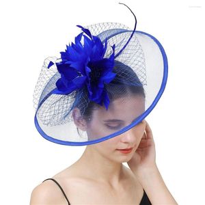 Boeretas Royal Blue Cocktail Hat Fascinator for Women Fiesta de boda Diadenta de malla Mesh Velo para el cabello Adorno de la novia Pluma de novia