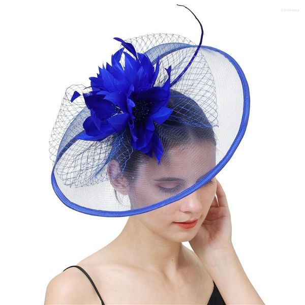 Bérets Bleu Royal Cocktail Chapeau Fascinator Pour Les Femmes Bandeaux De Fête De Mariage Français Maille Voile Cheveux Cerceau Ornements Mariée Plume Épingles À Cheveux