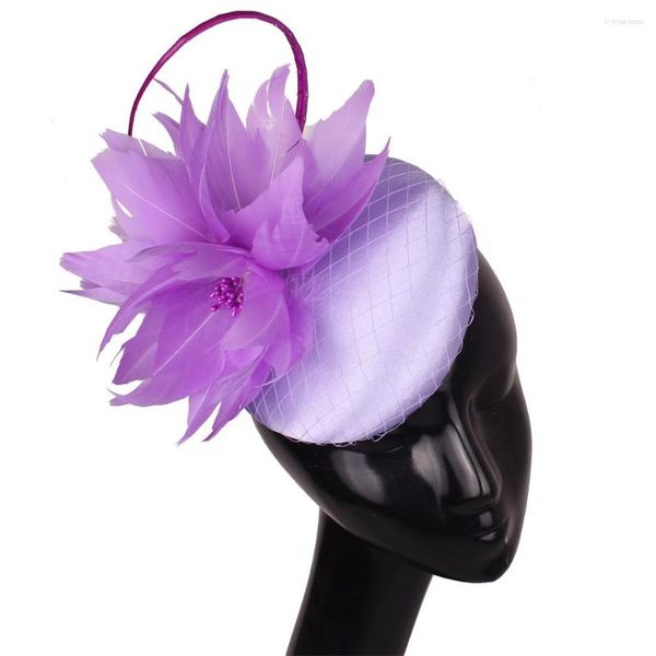 Boinas Royal Blue Satin Wedding Fascinators Womens Elegant Purple Headwear Accesorios para el cabello Bride Mesh Fedora Hats Alta calidad
