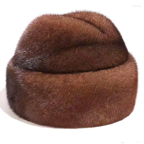 Bérets Chapeau d'hiver russe pour hommes d'âge moyen Faux cheveux de vison épaissi couvre-chef plat bonnet extérieur chaud oreillette pull bombardier