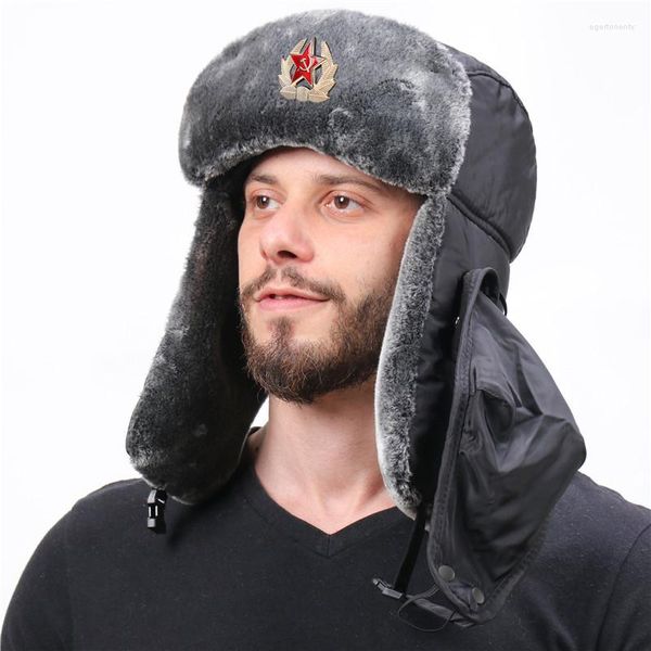Bérets chapeau de trappeur russe casquette avec insigne soviétique fausse fourrure Ushanka rabats hiver étanche à l'eau et au vent utilisation extérieure FOU99
