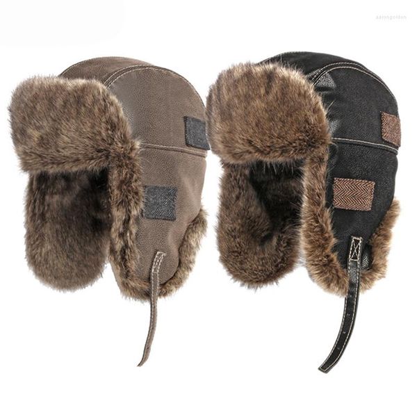 Bérets russes chapeaux d'hiver pour hommes chauds 2022 chapeau de bombardier en plein air Ushanka fausse fourrure oreillettes trappeur casquette de ski soviétique neige noire