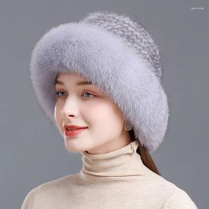 Bérets vendre hiver tricoté naturel et fourrures chapeaux dame moelleux véritable casquette femmes luxueux réel chapeau N12