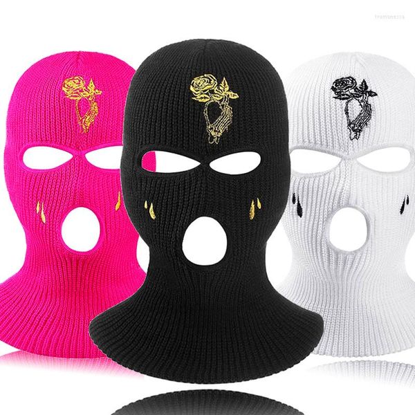Bérets vente 3 trous tricoté couverture intégrale masque de ski Rose déchirure broderie hiver cagoule chaud tricot pour Sports de plein air
