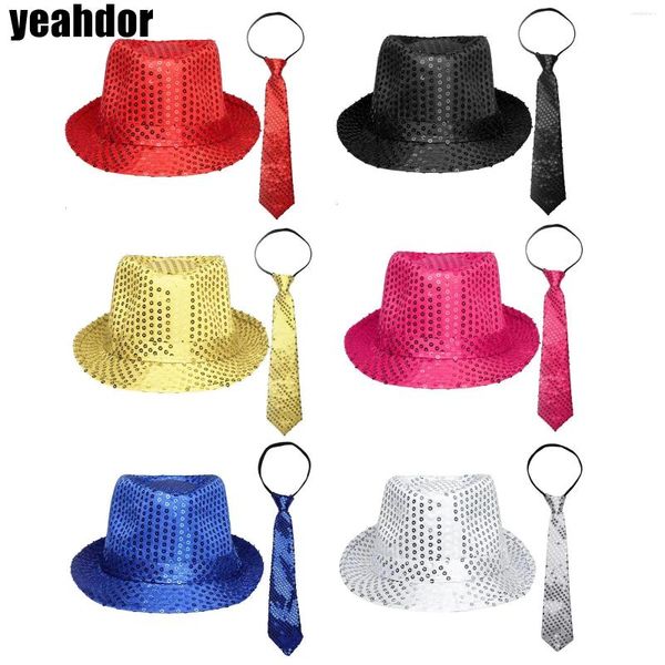 Bérets Sequin Fedora Hat Jazz Performance et cravate pré-cravate rétro disco Halloween fête des accessoires brillants pour les enfants adultes