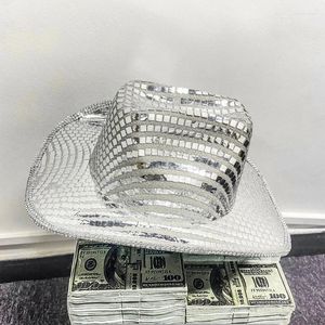 Beretten pailletten spiegel pet mode cowboy hoed glinsteren djhat voor volwassen unisex dance vrijgezellenfeestje balclub groothandel