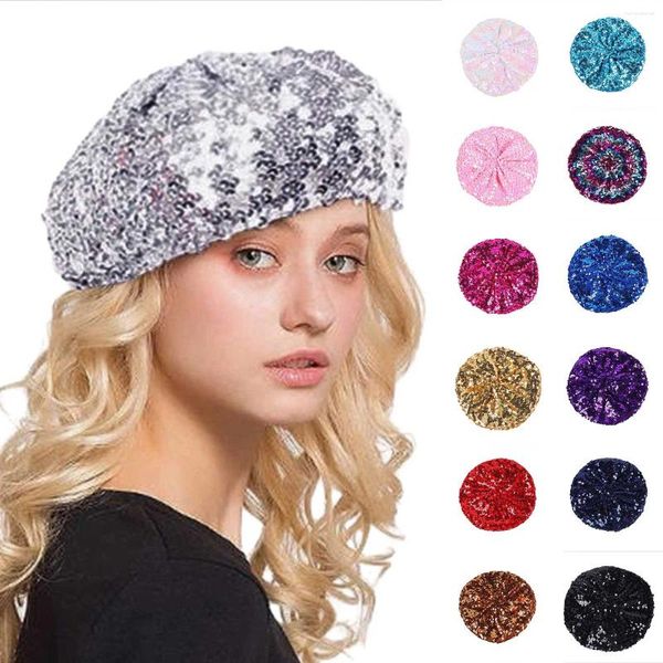 Bérets paillettes femmes mode paillettes scintillantes hiver bonnet chapeau rétro plaine béret solide élégant dame automne casquettes Skullies