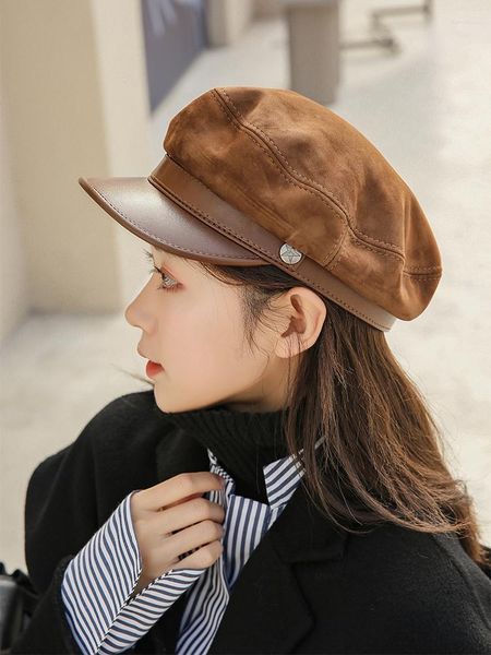 Bérets en peau de mouton pour femmes, béret mode anglais haut de gamme, grosse tête, casquette Vintage en cuir, dôme