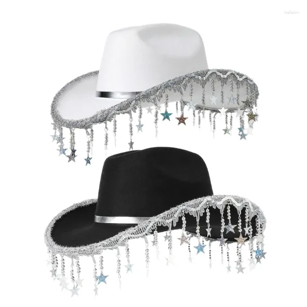 Bérets Hat de cow-girl de frange pour la femme chapeaux de cowboy respirant avec des banquets star de sequins