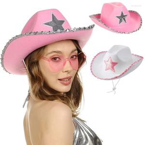 Berets Shinning Sequins Star Pattern Fedora Hat pour femmes hommes Pentagram Cowboy Cap avec Roll Up Brim Western Style