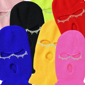 Bérets brillant strass cagoule trois trous masque de ski intégral chapeau pour femmes chaud couleur unie tricoté casquettes CS fête prop bonnets
