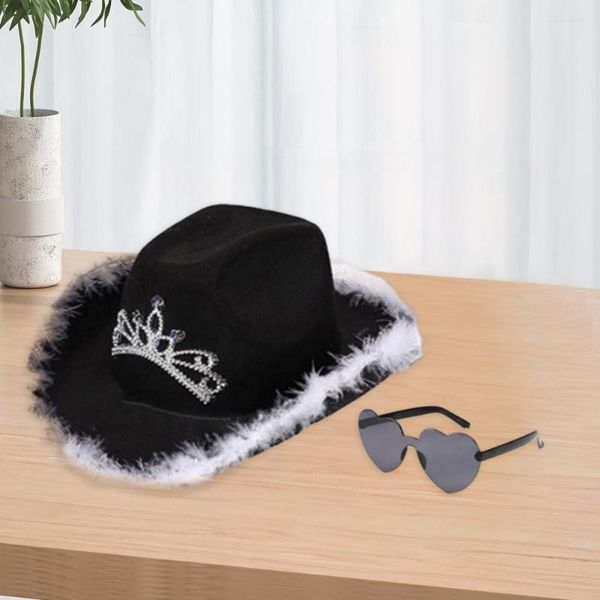 Bérets Brillant Paillettes Chapeau Lunettes Vintage Cowboy Avec Décor Plume Détail Western Style Parasol Pour La Performance