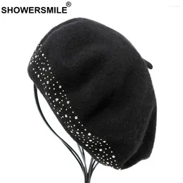 Bérets showersmile Black Beret for Woman Woolen Artistic Hats artistes dames rivet mode douce française femelle de laine d'hiver peintres
