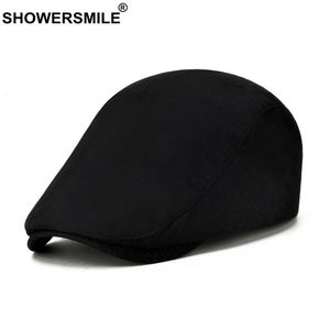 Bérets SHOWERSMILE solide noir printemps été casquette plate pour hommes coton Style britannique décontracté béret rétro réglable hommes Ivy chapeaux 230421