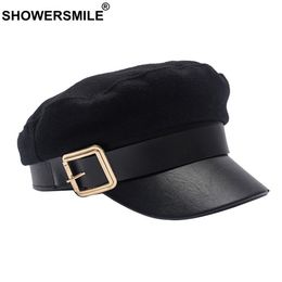 Boinas SHOWERSMILE Lana sboy Gorras Invierno Negro Capitán Sombrero Mujer Cuero Plano Damas Elegante Clásico Británico Baker Boy Cap 230821