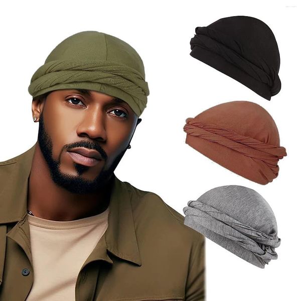 Boinas Seda Satén Forrado Turbante Durag para hombres y mujeres Pretied Twist Head Wrap Skull Cap con elástico Sleep Bonnet Hair