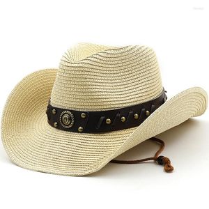 Beretten eenvoudige cowboy hoed heren zon wijd riem fedora riem decoreren strand rietje voor mannen UV bescherming capute femme