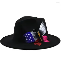 Bérets simples peints à la main papillon laine feutre noir Fedora chapeau pour femmes/hommes à large bord automne hiver Panama Jazz casquette