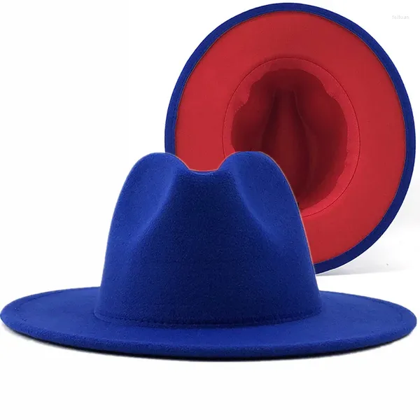 Bérets Simple extérieur bleu intérieur rouge laine feutre Jazz Fedora chapeaux avec boucle de ceinture mince hommes femmes large bord Panama Trilby casquette 56-58-60 cm