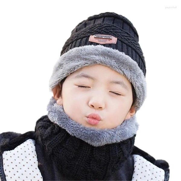 Bérets Simple Parent Enfant 2pcs Super chaud hiver cagoule laine bonnets tricotés chapeau et écharpe pour 3-12 ans fille garçon chapeaux