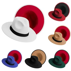 Bérets Simple Blanc Rouge Deux Tons Feutre Fedora Chapeaux Pour Hommes Large Bord Jazz Femmes Élégant Trilby Cap En Gros