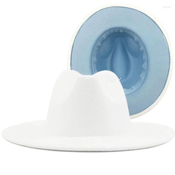 Bérets Simple Blanc Haut Bleu Ciel Bas Laine Feutre Jazz Fedora Chapeaux Avec Ceinture Mince Hommes Femmes Large Bord Parti Panama Trilby Cap 56-60CM