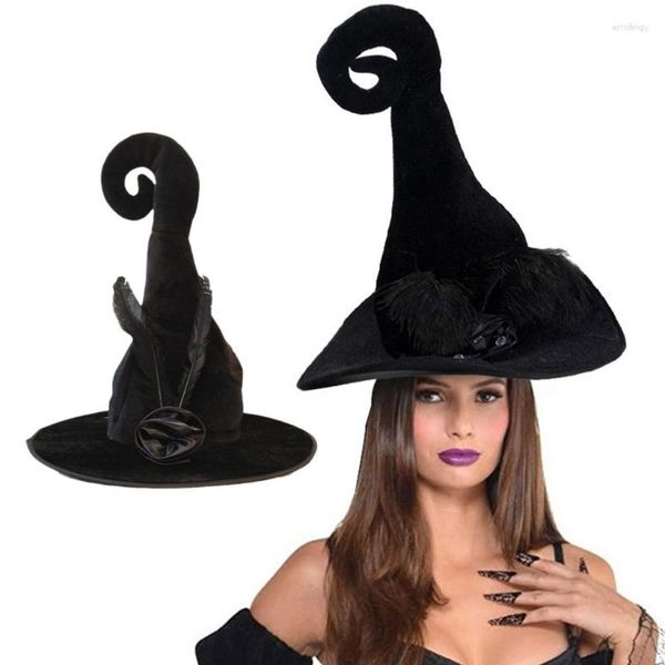 Boinas, sombreros de bruja de franela amigables con la piel, hechos a mano para Halloween, accesorios para el cabello, actuaciones, carnaval, sombrero de fiesta con pluma