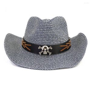 Berets Skull Leather Belt Decoratie Western Cowboy Hat Men Women Wide Brim Straw Strand Zon met windbewijs touwput