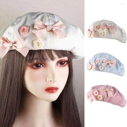 Bérets Couleur unie Bow Flower Beret Sweet Y2k College Style Octogonal Cap Japonais Citrouille Peintre Chapeau Automne