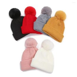 Bérets Bonnet à sertir de couleur unie, bonnet en tricot acrylique élastique de haute qualité. Pompon Garde Au Chaud Coupe Vent Enfant