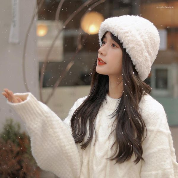 Boinas Color sólido Pelo sintético Sombrero de punto Ins Invierno Cálido Felpa Sombreros de mujer Versión coreana Moda Elegante Jersey Gorros