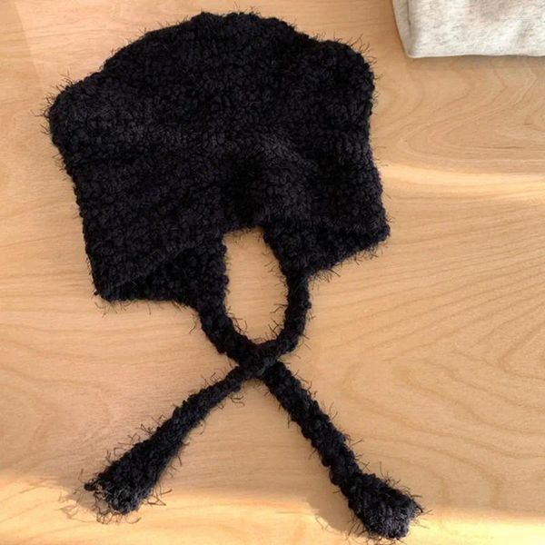 Bérets Chapeau de couleur unie Bonnet d'hiver tricoté avec tête d'ours de dessin animé Bonnet chaud élastique pour femme pour la protection contre le temps froid