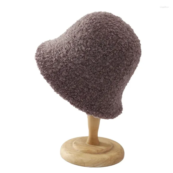 Boinas Color sólido Lana de cordero Sombrero de cubo de invierno para mujeres Gorro de punto flojo Grueso Cálido Cálido Cúpula de piel sintética Sombreros de pescador plegables