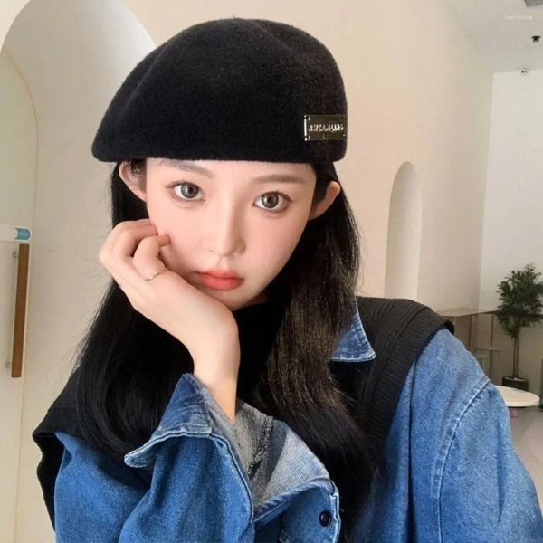 Berets Solid Color Letter Hat Béret Sweet Korean Style Painter Octogonal Cap Woolen Artist Sboy Girl