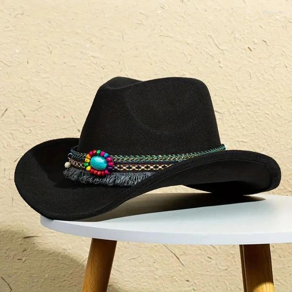 Bérets Couleur unie Chapeau de cowboy occidental unisexe Tweed Chapeau de seau à bord déformé Style ethnique Tricoté Laine Dentelle Décoration Designer Chapeaux en feutre