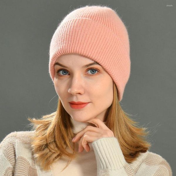 Bérets couleur unie femmes chapeau d'hiver rayé à revers doux automne Bonnet toucher Skullies bonnets en gros élastique extérieur garder au chaud