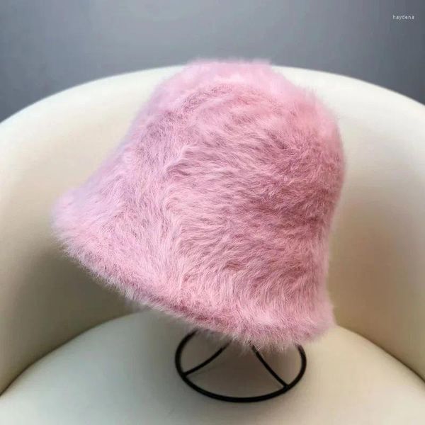 Bérets Sombrero De Couleur Unie Fourrure Chapeau De Pêcheur Dôme Femme Grande Circonférence De La Tête En Peluche Blanc Garder Au Chaud Seau