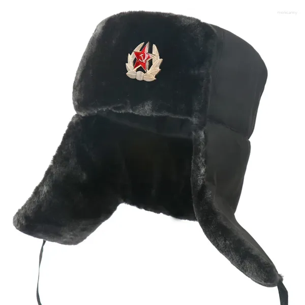 Bérets insigne soviétique Russie Ushanka Bomber chapeaux armée militaire pilote trappeur Trooper chapeau hiver fausse fourrure oreillette hommes casquettes de neige