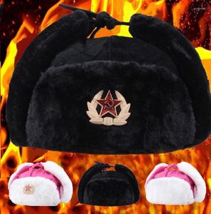 Berets Sovjet Badge Winter Warm Hats CCCP Bomber Cap Men Women Women Russian Gorras Chapka Dikke Earmuffs Ski Bonnet Ushanka Casquette H6053618
